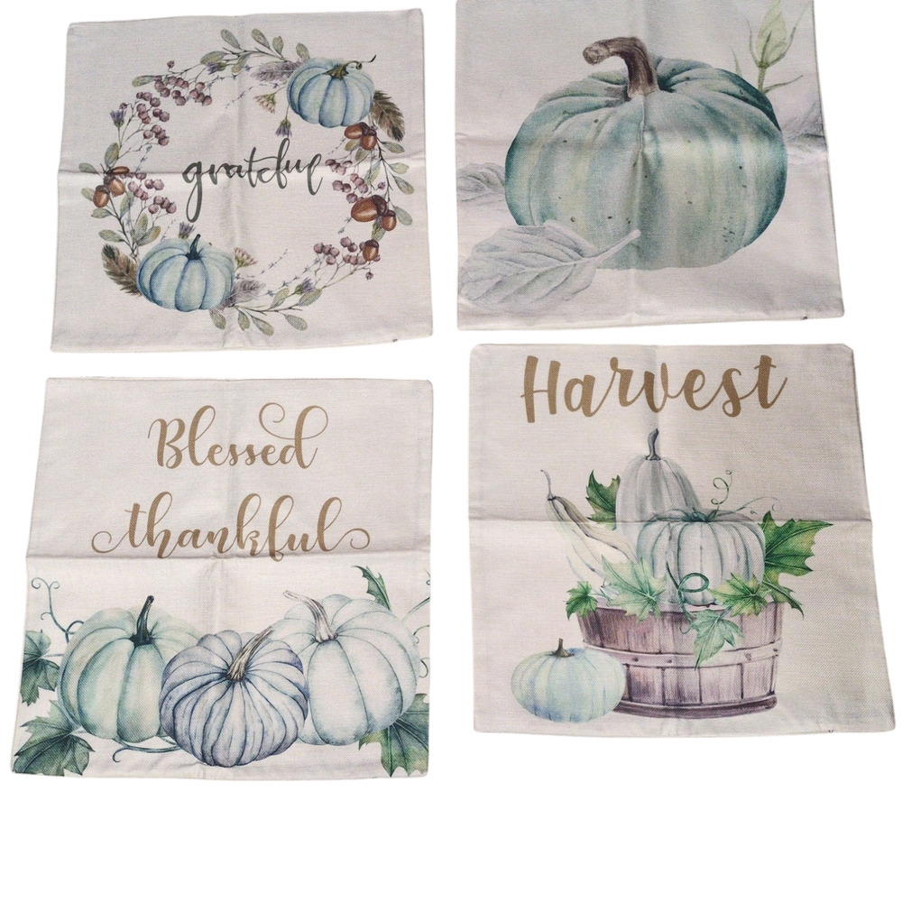 Set of 4 White Fall Pumpkin Pillow Covers Zipper 18 x 18 100% Linen Farmhouse